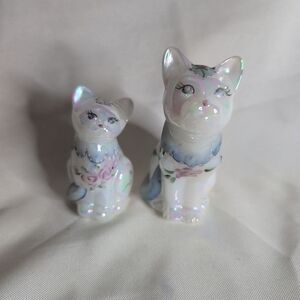 Fenton Iridescent White and Pastel Blue Floral Cat Figurines